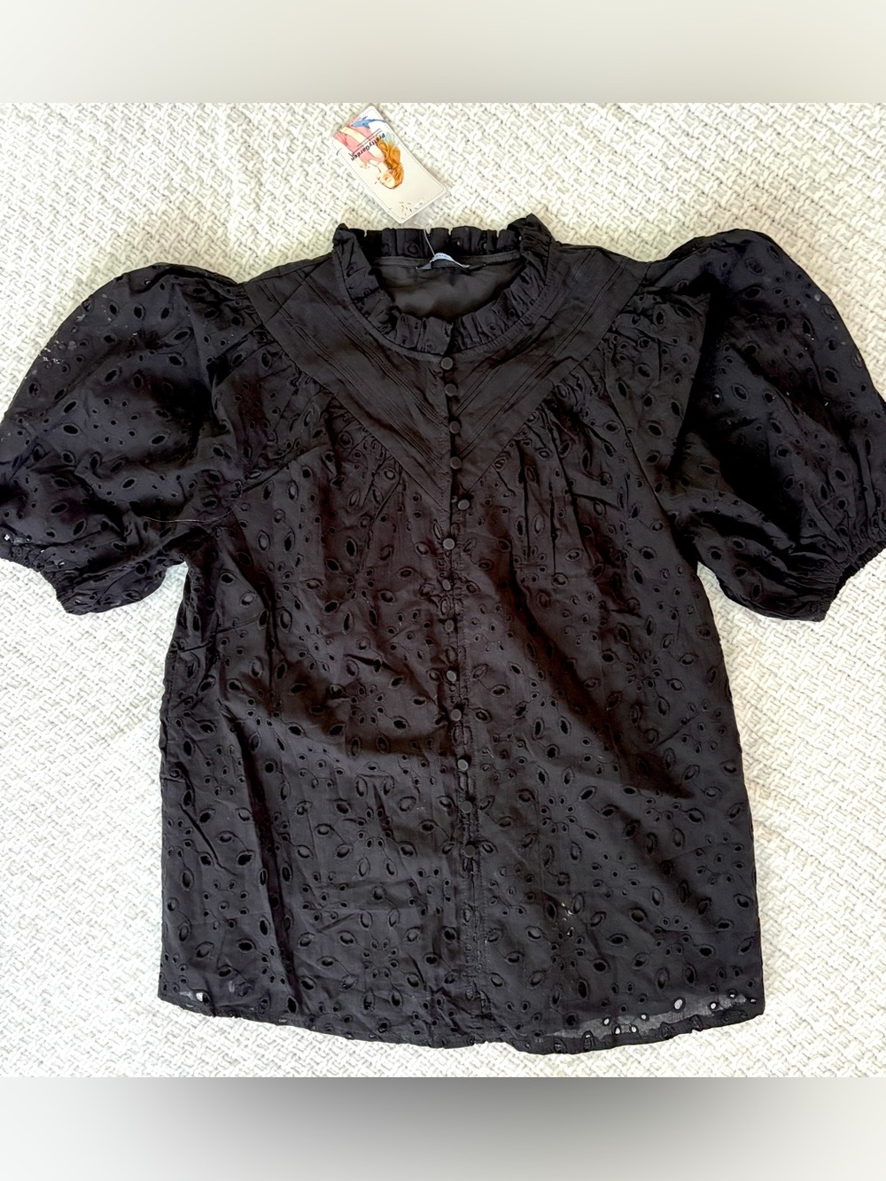 NWT Black Eyelet Top Pretty Garden Puff Sleeve Ruffled Trim Coquette Boho Tag: S